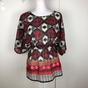 EMMA G AZTEC PRINT BOHO TIE WAIST TUNIC TOP SZ SM